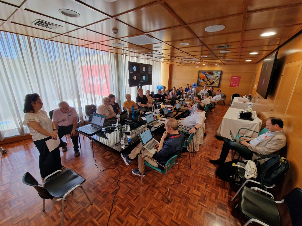 People gathered in a meeting room with wooden walls and large windows covered by white curtains. A woman stands at the front speaking while others sit around a long table with laptops and documents. Some participants watch a large screen showing a virtual call. © CCMA.